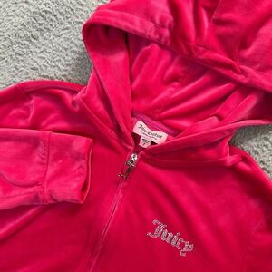 Juicy Couture‎ Velour Hoodie Womens Large Hot Pink Full Zip Rhinestone Logo Y2K